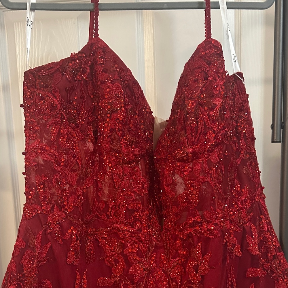 Mac Duggal Strapless Red Beaded Gown